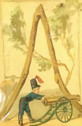 Signed JOHN DERIAN Victorian Soldier Boy Dish: This is a vintage, signed, dish from JOHN DERIAN. The piece depicts a young boy, dressed in the garb of a Victorian era soldier, aiming a cannon. decoupaged art print. The dish measures approx 6.5 inc
