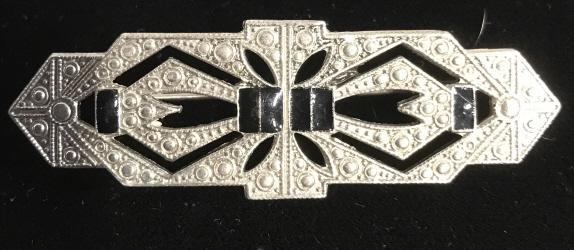 Lot 3 Enameled Pins, Art Deco, Cloisonné, Bow Tie: Silver tone & onyx Art Deco Pin. 2. 25 in. long. Egg shape Blue cloisonné pin, art nouveau floral design, Pierced floral design, peach tone accents, 2 x 1.5 in. American Flag Bow Tie Enameled Pin wit