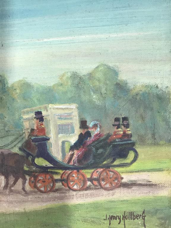 Paris 1850 Painting on Board: Signed illegibly folk art style scene of horse and carriage and passengers, measures app 8 by 10 inches folk art, fine art, painting, home accessory and decor