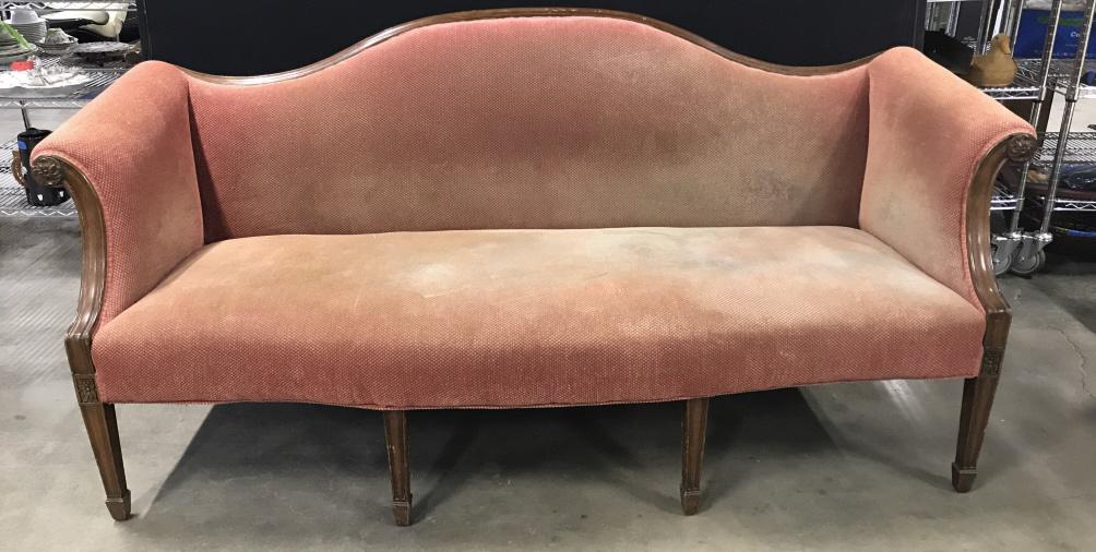 Vintage Federal Style Upholstered Sofa: Possibly antique Federal style wooden and Upholstered sofa, fading and discoloration to fabric, needs cleaning, measures approximately 81 inches long x 30 inches wide x 38 inches tall. Vintage Sofa, F
