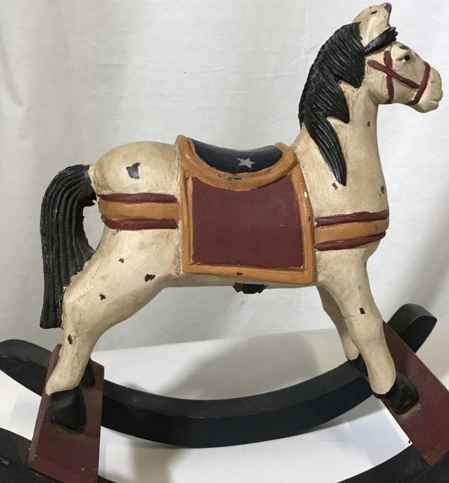 Collectible Vintage Wood Tabletop Rocking Horse: Hand painted, wood and composite. App 11 in. tall, 11.25 in long, 5 in. wide. Stars on saddle, red, white & blue. Mild paint wear. Collectibles, rocking horse, tabletop, nursery decor and accessory, t