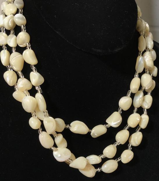 Abalone Style 3 Strand Bead Necklace: Natural stone beads, cream color. Polished in natural form. App 14 in. Hook clasp. Clasp reads Japan. jewelry, Three Strand Cascading Necklace, Cream Gem, Fashion Jewelry, natural stone jewelry, ladie
