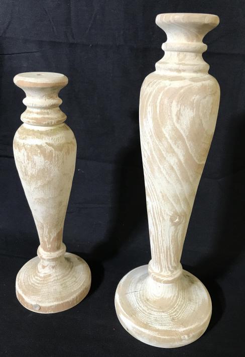 Set 2 Rustic Wood Pedestal Spindles / Decor: Sanded down to wood. Ready for repaint or leave bare. Center 10 mm screw type hole on the top. Base 5 in. diameter on taller piece. Measures 14 1/4 in. tall. Shorter piece, 12 in. Ht. Up Cycle. Handma