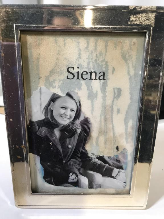 Lot 2 Silver Tone Tabletop Picture Frames: Photo size 4 x 6. Malden, Siena brands. Horizontal or vertical. One is a chrome frame. Need polishing. Surface scratches, light discoloration. Black felt backsides. Tabletop Frames, Photo Frames, Disp