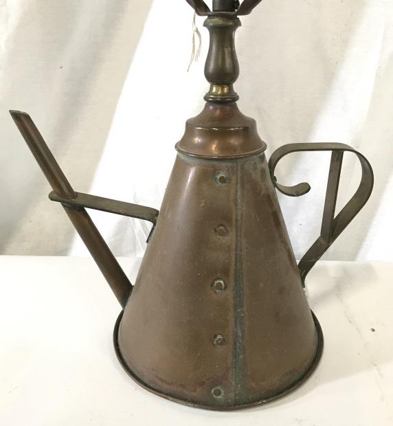 Vintage Copper Teapot Lamp: Lamp has teapot base. Piece appears to possibly be copper. Piece measures approximately 19 inches tall 10 inches wide with handle and spout. Lamp, teapot lamp, table lamp home decor, industrial design