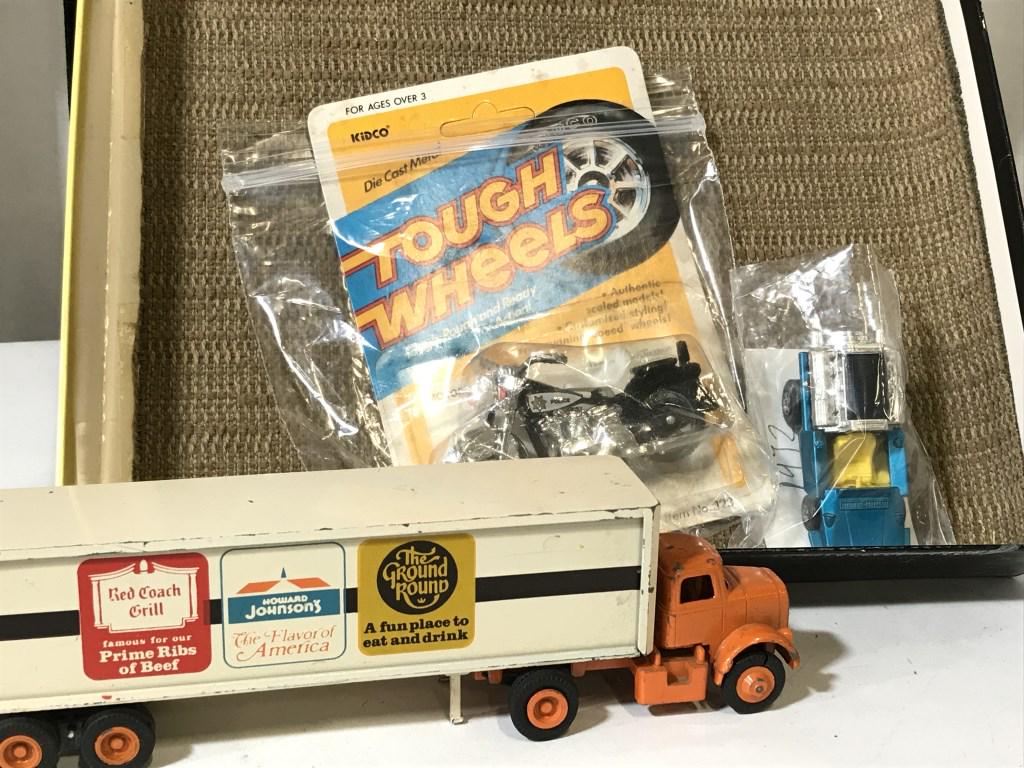 Vintage Lot, Matchbox & Winross Diecast Semi: Lot 3 - Delorean ‘Tyre Fryer’ MATCHBOX Car, dated 1972, Made in England. KIDCO TOUGH WHEELS motorcycle ‘Harley- Davidson’ model 123-3, in original package., sealed. Dated 1981. WINROSS Metal T