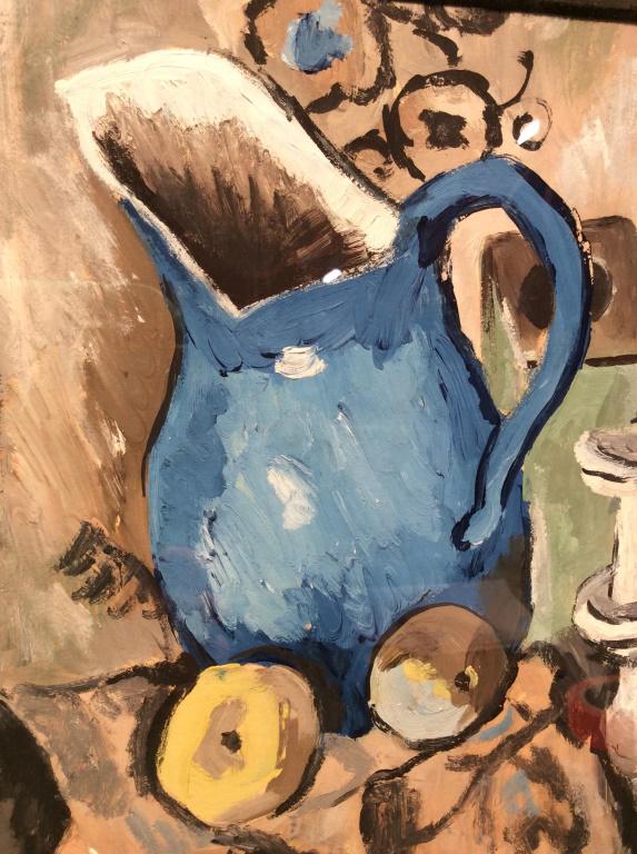 Signed Oil On Panel Still Life, attr MAX WEBER: Signed and attributed to MAX WEBBER Oil On Panel Still Life, still life depicts a blue pitcher, fruit and candlesticks on a tabletop, Signed MAX WEBER in lower left corner, matted in a double black an