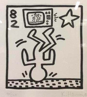 Signed Limited Ed Lithograph Attr Keith Haring: Lithograph of person on their head balancing a television on their feet, Numbered 90/120 and signed. Professionally framed and matted, frame measures approx 13 in by 16 in, printed area of artwork mea