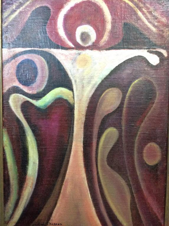 Signed Abstract Painting Attr Andre Masson: Abstract painting on canvas signed. purple tones with pale pastel tones of pink and green, organic abstract shapes. Framed in Gilt style wooden frame with carved wood details. Some cracking to paint a