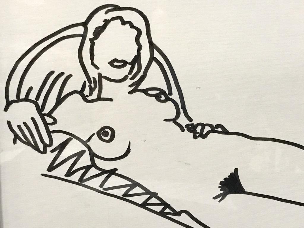 Signed Tom WESSELMANN Marker On Paper, Nude Study: Attributed to Tom WESSELMANN (Amer., 1931-2004). Signed in lower right corner. Artwork appears to be black marker on paper depicting reclining nude female figure. Artwork is set behind glass in wood s