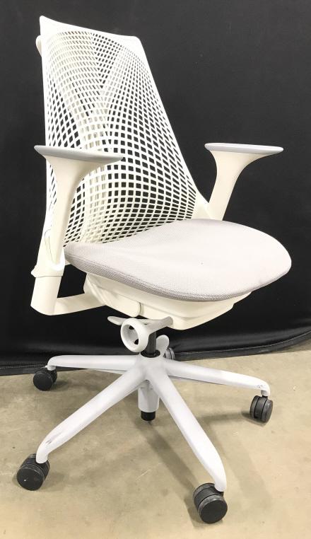 YVES BEHAR HERMAN MILLER mcm Sayl Task Chair: Underside of chair has tag which reads HERMAN MILLER. Piece attributed to YVES BEHAR. Chair has 5 wheels. Light has toned of light grey & white. The geometry of the Golden Gate Bridge suspension syste