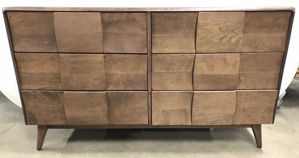 HEYWOOD WAKEFIELD SCULPTURA Lowboy Dresser: Interior of top left drawer is marked HAYWOOD WAKEFIELD. Heywood-Wakefield "Sculptura" 6 drawer lowboy dresser with extra wide drawers, sculpted front and tapered legs all finished in the “Champagne