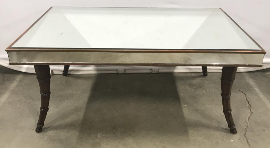 Mirrored Coffee Table With Bamboo Style Legs: Rectangular Coffee Table With wooden framed mirrored top and carved splayed bamboo style wooden legs, some wear to edges and nicks to legs, measures approximately 37 inches long x 22 inches wide x 16.