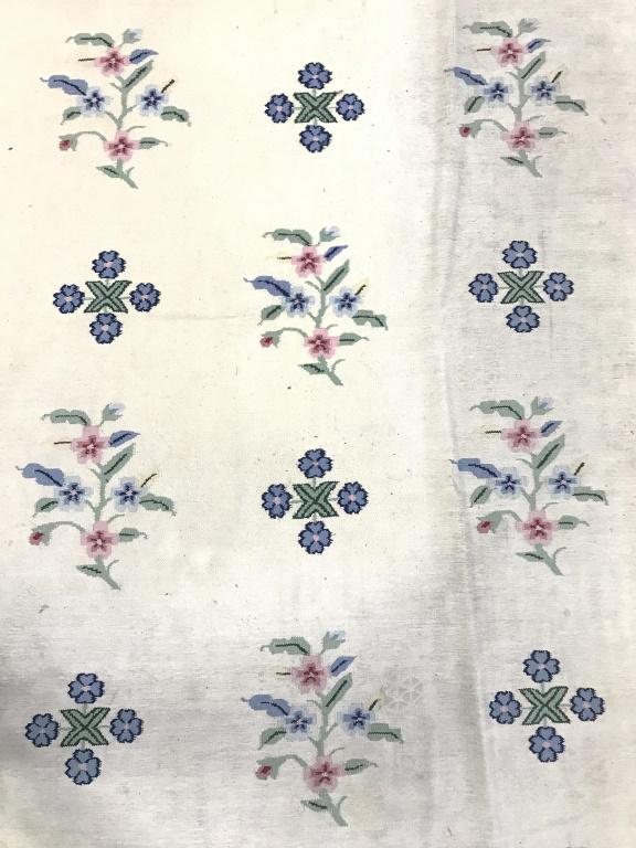 Vintage Handmade Cotton Dhurrie Rug Room Sized: Rug is Cotton dhurrie & handmade. Piece contains multi toned floral and leaf detail with tones of cream, navy, pink, green. Piece measures approximately 160 inches long 116 inches wide. Rug, carpet, C
