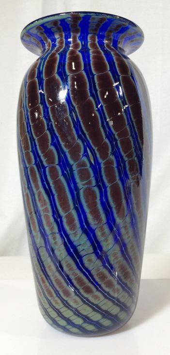 Signed Hand Formed Art Glass Vase: Signed Hand Formed Art Glass Vase, blue glass base with brown and green striated design, signed on underside around pontil mark Michael David & Kie Karbler MCMLXXX, measures approximately 8.75 inches