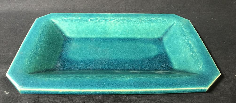 Signed EISSANTIER Handmade Serving Plate Ceramic: 11 x 7.5 in shallow glazed dish/ plate, bright aqua glaze, crazed, distinctive impressed signature, appears to read ‘EISSANTIER’ potter’s mark. Earthenware, pottery, handmade ceramics, handmade 