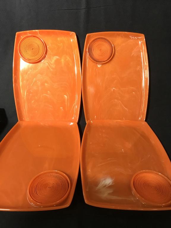 Collectible Bakelite Set4 Vintage Tray Set Org Box: Vintage orange , marble swirls, self serve tray with drink placement. Slight lip, app 11 x 7 3/4 in. Comes in original box. No surface issues noted. Bakelite,Retro Orange bakelite, party trays, Appeti