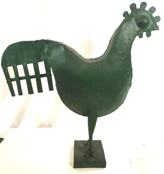 Arts & Crafts Painted Metal Rooster Sculpture: Sculpted metal figural, hammered seams, painted green, square base. Ht 21.5 in, tail to beak, 21.5 in. App 4.5 in wide. Rooster Sculpture, Metal Rooster Figural, Arts & Crafts, Country Decor & Accesso