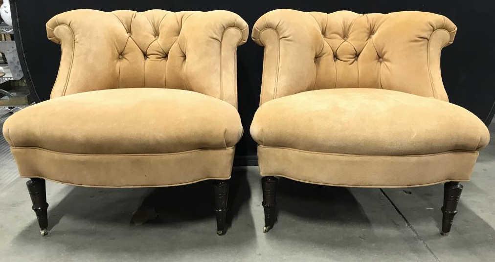 O’HENRY HOUSE LTD Suede LAURA Chairs On Casters: Undersides Of Chairs have tags which read O’HENRY HOUSE LTD. Lot includes 2 chairs. Chairs are possibly 192 LAURA Model. Edges of upholstery have single welting. Chairs are Upholstered in beige tone