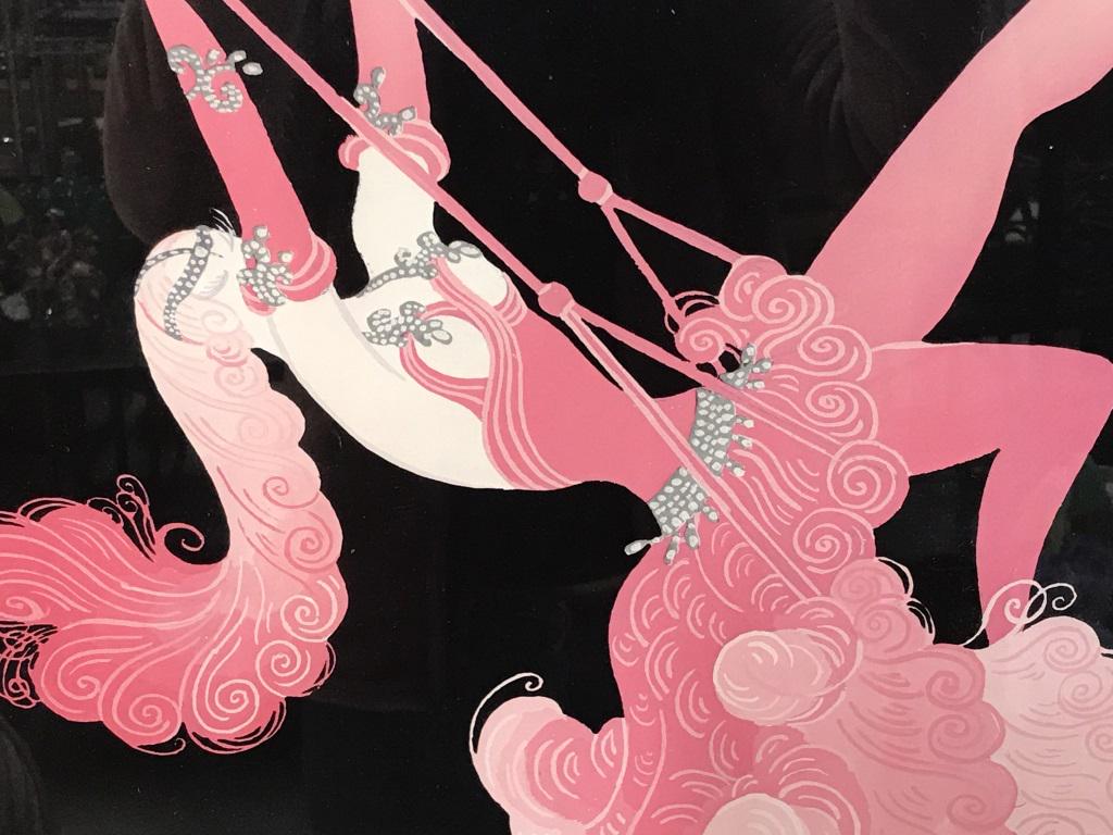 Signed ERTÉ Poster, Lady on a Swing: Signed in pencil in lower right corner. Poster depicts woman in pink dress on a Swing. Poster is double matted and set behind plexiglass in gold tone wood frame. Verso has Certifciate of Authenticity