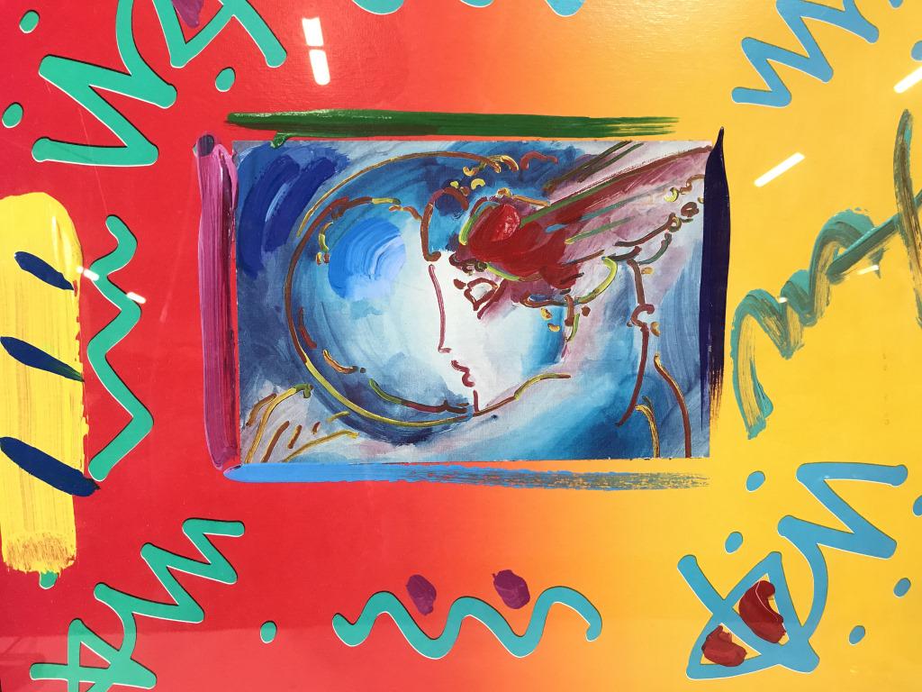 Signed Authentic PETER MAX Mixed Media Artwork: Signed Authentic PETER MAX Mixed Media Artwork possible serigraph and paint mixture, Titled ‘I Love The World’ Signed by artists hand on lower middle of artwork in paint, not examined out of frame
