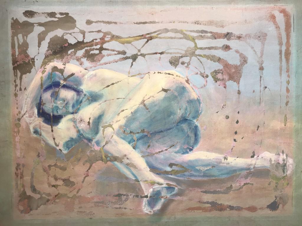 Female Nude Abstract Painting On Canvas: Framed Female Nude Abstract Painting On Canvas, image depicts a reclining nude female in pink, blue and purple tones with abstract design overlay, framed in a gold toned metal frame, measures approxim