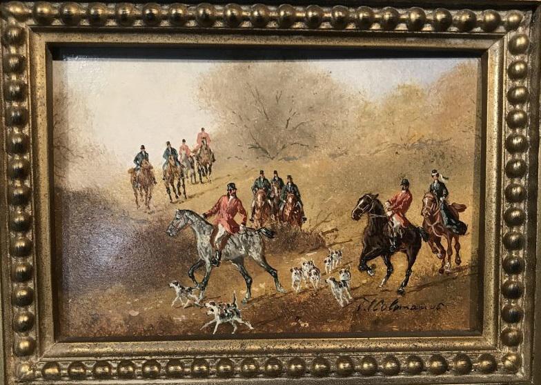 Signed Colomanus Hunt Scene Oil On Panel: Signed COLOMANUS Oil On Panel Board Hunt Scene Framed in a substantial black toned and carved gilt wood frame, image depicts Horse riders with hounds on a hunt, Signed by artists hand in lower right c