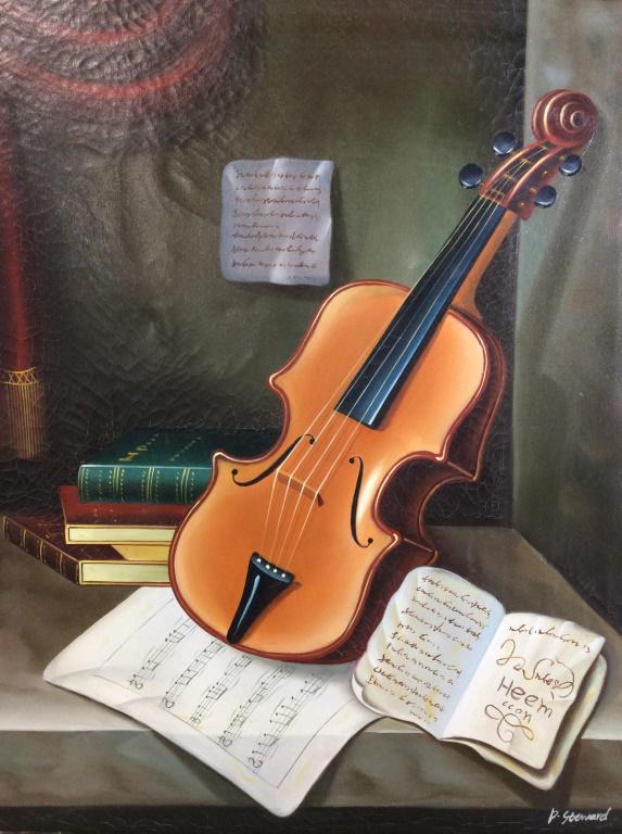 Signed D Steward Violin Still Life Oil On Canvas: Signed oil painting on canvas, violin Still Life, music sheets, papers that read Heem, stacked books. Framed in a wooden frame. Signed lower right corner D Steward. Frame measures approx 25 in by 29 i