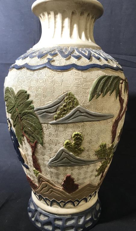Embossed Ceramic Chinese Vase: Reticulated Etched Box pattern, neoclassical neck collar, depicts mountains in China, Robed Buddhist Monks, Tibetan gardens. App 16 in. ht, 28 in. circumference, 3 in. vase opening. Chinese Decorative
