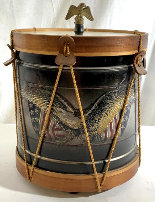 The Old Drum Shop 19th C. Reprod. Drum Ice Bucket: Civil War Style Eagle Field Drum Ice Bucket. Hand made wood frame made using the same method craftsmen used in the 1800s. Metal ice bucket, rope woven through wood frame, encasing bucket. Painted and