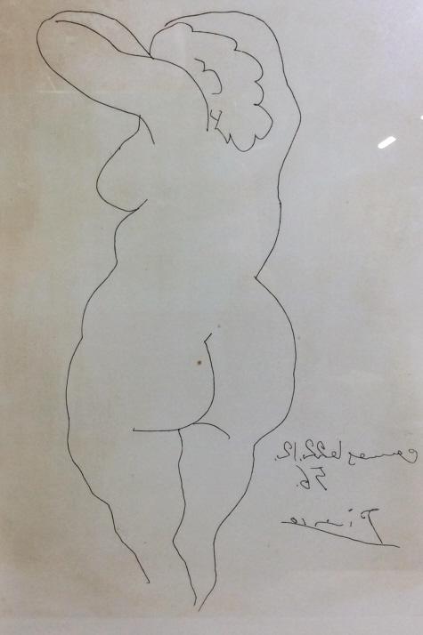 Framed Art Nude Etching, Picasso: Signed in Plate Picasso, reverse etching after drawing, signature backwards. Ross Galleries label on reverse reads Picasso Pablo, Nu De Dos, Plate Signed Etched / Restrike 102w - 175. Some discolorati