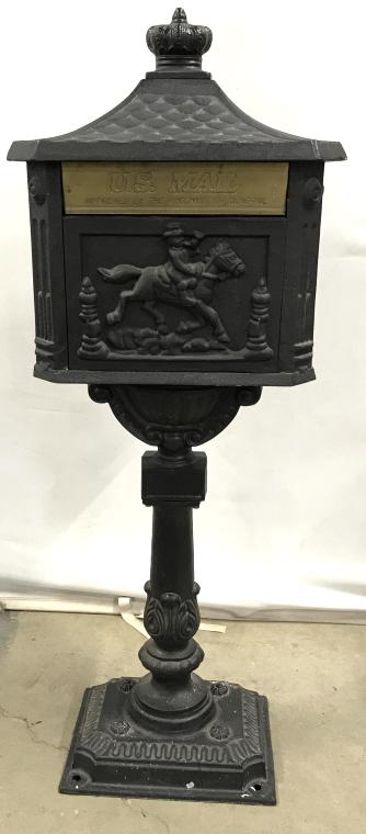 Vintage Collectible Cast Iron Mailbox, 3.75 ft: Tall This is a vintage mailbox, the piece is crafted from iron. A door can be found on the backside of the piece, the door can lock, and the key is included. The slot of mailbox is crafted from brass,