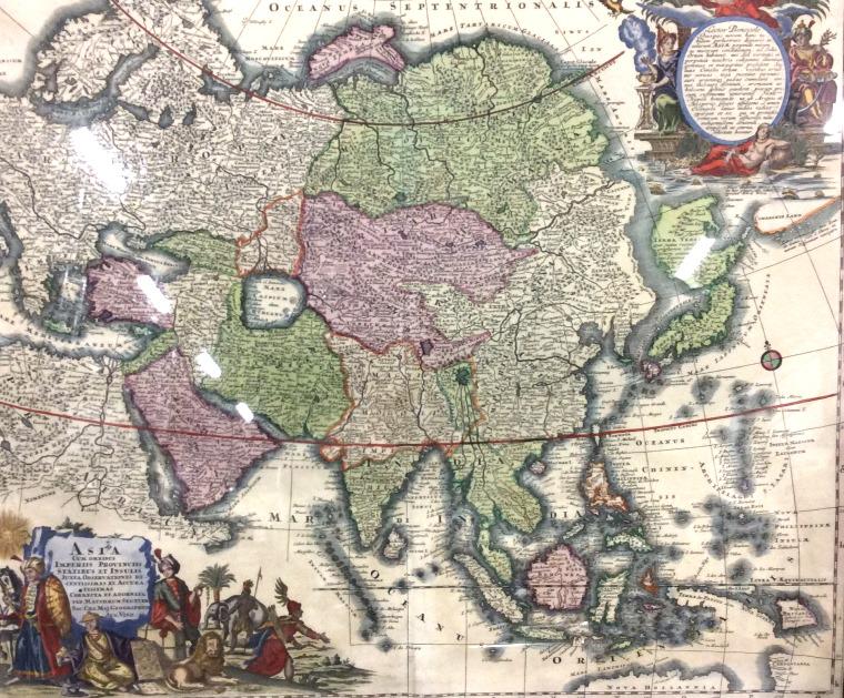 Antique Copper Engraving Map Asia M Suetter 19th C: Map of Asia, colored copper Engraving by M Suetter, circa late 1800s. Originally purchased from Old Maps & Prints Co, Bangkok, for 4,000 baht. Framed in black and gold toned frame, wear and paint loss