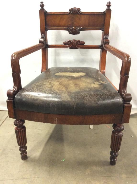 Pr 19th Century English Antique W Original Leather: Each appears to be 19th Century Antique. Each piece contains original leather upholstered seat. Each has intricately carved wooden detail. Tops of backrests have carved wooden finials on each side. Ch