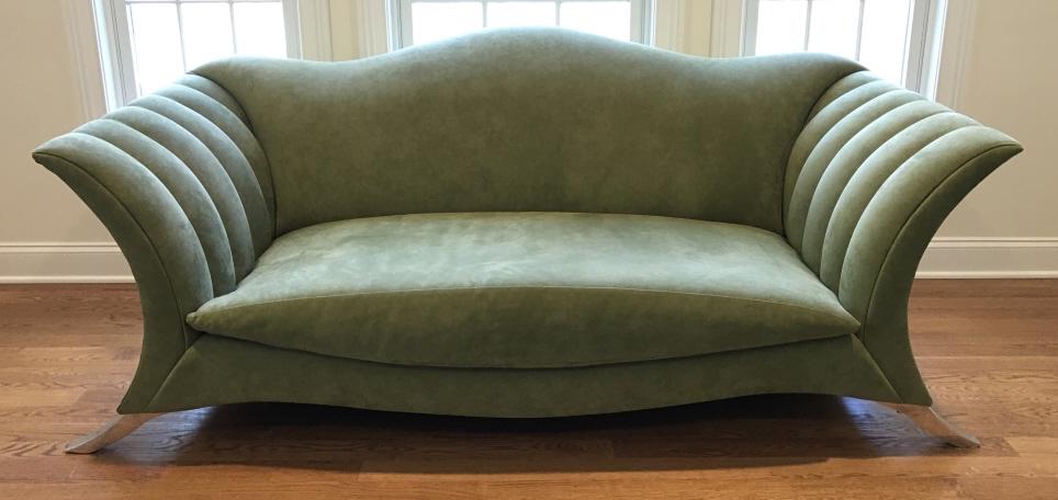Deco Style Green Suede Sofa With Chrome Feet: Deco Style Luxury Green Suede Sofa With Fan Arm Design And Chrome Feet, Purchase from London, England. Measures approx 80 inches long x 38 inches deep x 31 inches tall, needs very light spot cleaning 