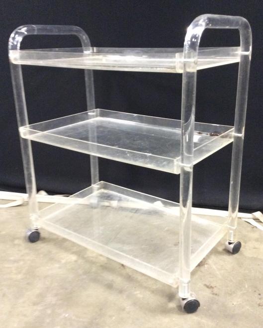 Retro Tri Level Lucite Bar Cart: Piece has 3 levels. Cart also has handle bar on each side. Bar Cart, beverage cart, tea cart, Lucite bar cart, ghost bar cart, bar cart with handles. mcm , retro, mid century modern style, home accent