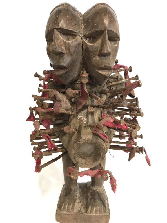 Pair BAKONGO Wooden Tribal Fetishes: This is a set of 3 wooden, possibly vintage, fetishes. The pieces originate from central Africa, and were originally crafted by the BAKONGO people. The pieces are crafted, from wood, nails, and fabric