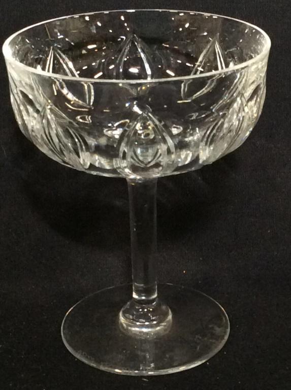 Signed Val St. Lambert Crystal Coupe Set 8: Belgian Fine Crystal Champagne Coupe Set, all Hand signed on underside. No surface issues. 3 3/4 in. wide glass diameter, classic tube stem, app 4 7/8 in tall. Crystal Stemware, Crystal Barware, Cockt
