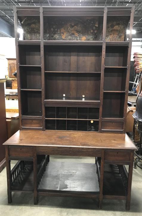 Grand Antique Desk With Super Structure: Antique C 1870 British Asthetic Desk with chambered topped superstructure, turned spindles and top cornice with tooled leather accent, possibly oak wood, measures approximately 87 inches tall x 55 inc