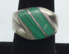 Sterling Silver Ring W Malachite Stone, Mexico: Fits an approx size 6, sterling silver with two inserts that appear to be malachite, marked on interior of band TH-02, 925 Mexico. Some surface wear, chip to stone. Sterling silver, ladies vintage est