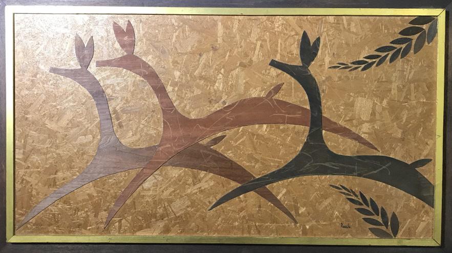 RAN SU MId Century Modern Wood Carving Of Deer: Wood Carving is signed RAN SU on lower right corner. Carving depicts 3 galloping deer. Piece is framed in gold, black, and chocolate toned frame. Piece measures approx 37 inches long 22 inches tall. M