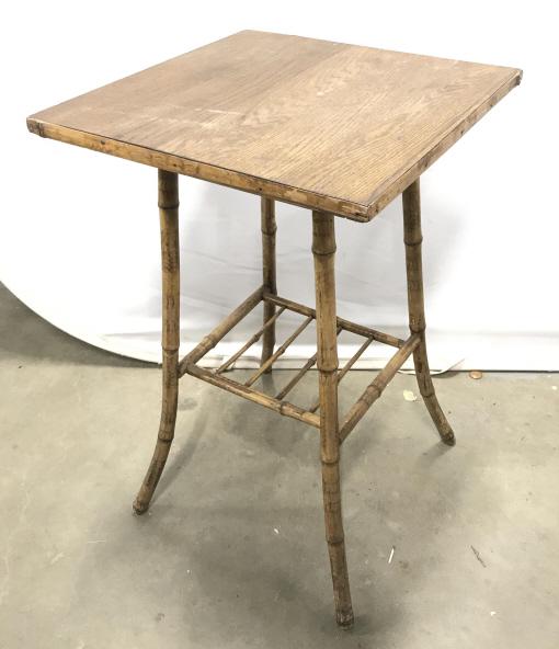 Vintage Bamboo And Oak Side Table: Vintage Bamboo And Oak Side Table With splayed legged base, bamboo stretchers and square top in oak toned wood, some bamboo missing on one edge, some wear and chips to surface due to age and use, meas