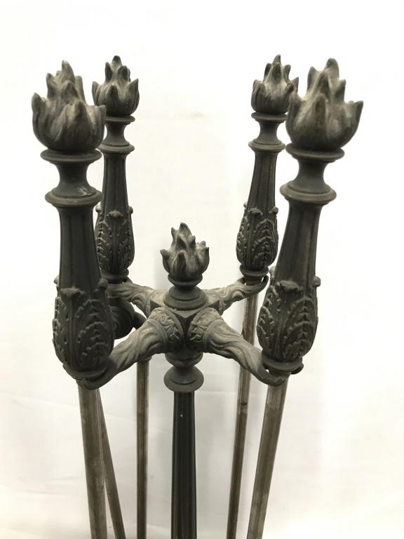 Set 5 Victorian Bronze Claw Footed Fireplace Tools: Set 5 Victorian Bronze Flame Topped Claw Footed Fireplace Tools And Stand with acanthus leaf design, measures approximately 38 inches tall x 13 inches in diameter, some wear due to age, appear to be l