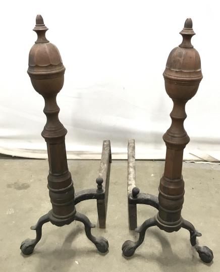 Pair Of Copper Toned Andirons W Ball Claw Feet: Vintage possibly antique Pair Of Copper Toned Andirons with Ball And Claw Feet And finial tops, measures approximately 22.5 inches tall x 8 inches wide x 19.5 inches deep, shows signs of wear due to a