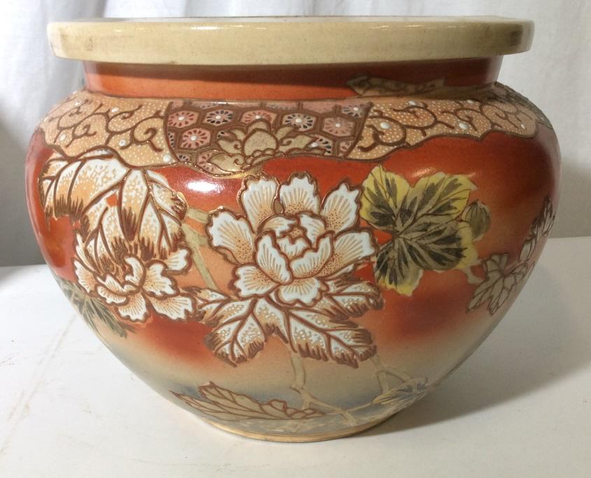 Vintage Moorcroft Style Ceramic Planter, Signed: Ginger jar shape ceramic planter, raised outlining of floral decor, dotted paint patterns, orange fades to blue background color. Underside hand written ‘3’ with elaborate swirl. Opening 8.5 in wi