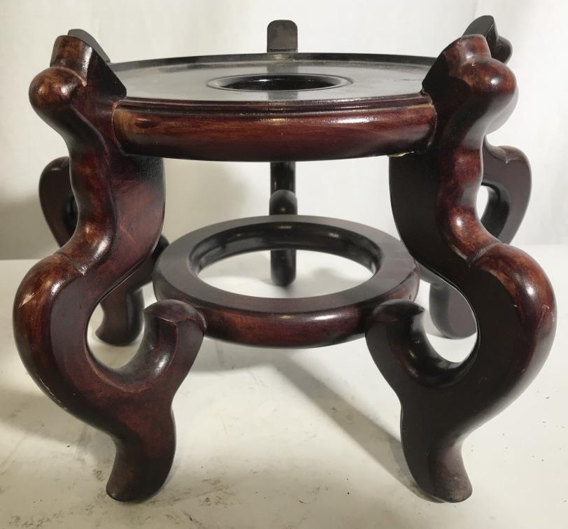 Vintage Asian Carved Wooden Display Stand: Display Stand is wooden and lacquered. Piece has carved wooden detail. Piece is vintage possibly antique. Asian Display Stand, Display base, Wooden Stand, Vintage Stand, Display Stand, Vase Stand. Pie