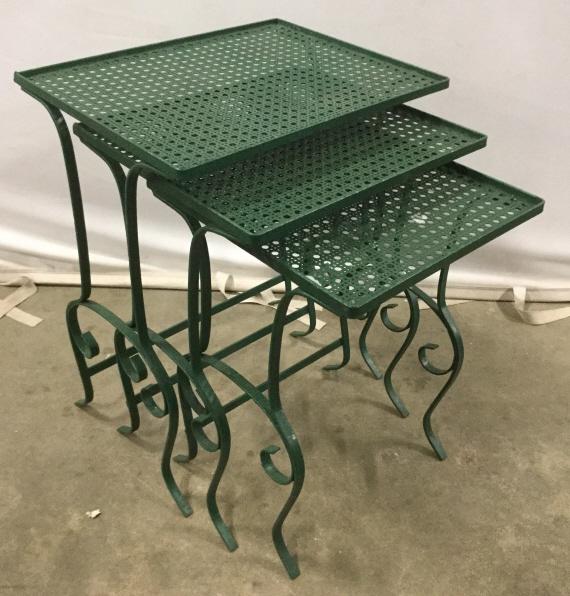 Set 3 Green Toned Outdoor Metal Nesting Tables: Nesting tables appear to be vintage. Tables are green toned and metal. Largest pieces measures approximately 20 inches tall 16.5 inches wide 12 inches deep. Outdoor nesting table, patio tables, nestin