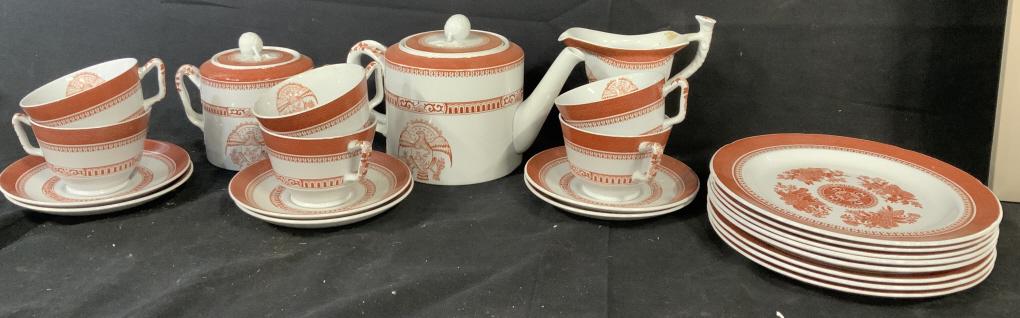 Vintage Spode Teaset, 23 pieces: 23piece Spode tea set. Bottoms read X Copeland SPODE England Fine Stone A. Some pieces have various different markings on bottom. Clay toned print. Items depict a picture of a bird and decorative deta