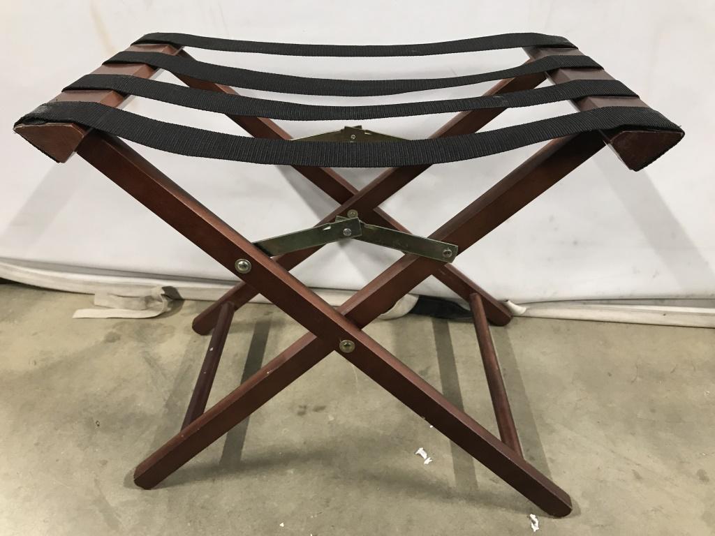 Vintage Carved Wooden Luggage Rack: Luggage Rack is brown toned and wooden. Luggage rack, luggage stand, wooden luggage rack. Piece measures approximately 22 inches long 20 inches tall 14 inches deep. 6