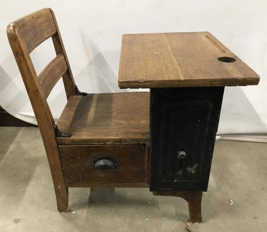 MOULTHROP Wooden & Metal Child’s Desk: Desk is wooden and metal. Piece is marked MOULTHROP. Desk has pencil holder area at front. Underneath seat contains 1 drawer with metal handle. Desk, Child’s desk, vintage desk, schoolhouse furnitur